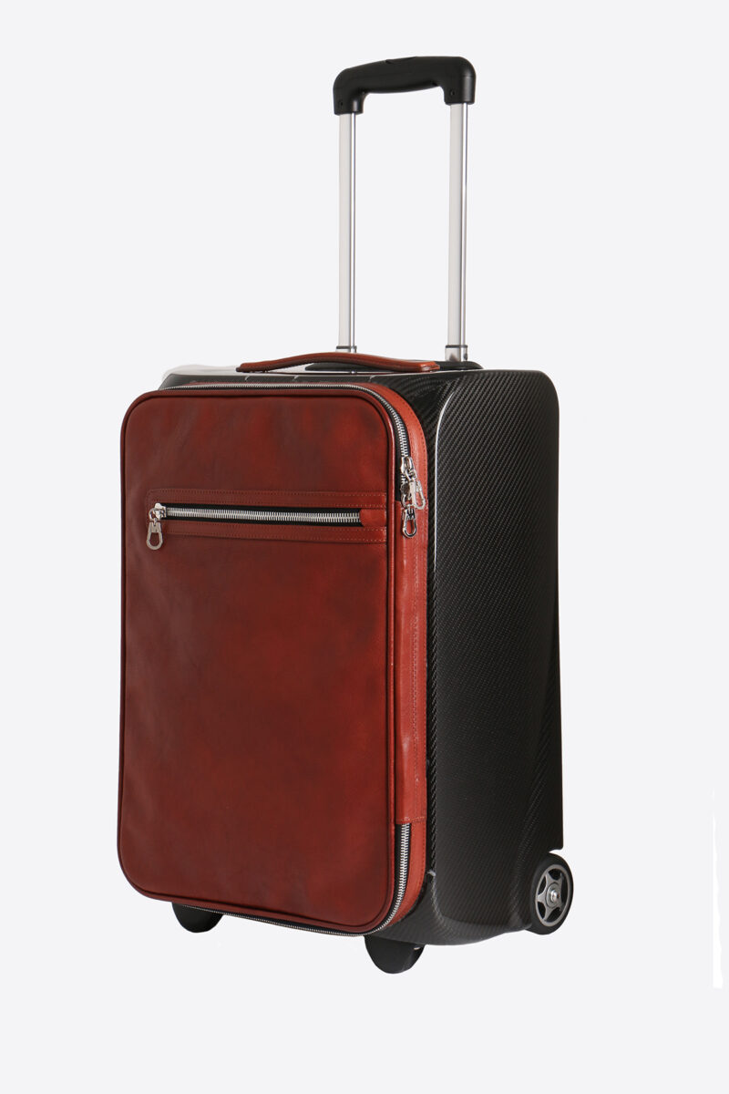 Sleek Black and Brown Carbon Fiber Leather Suitcase - Travel in Style