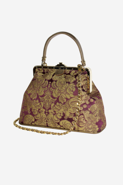 Luxury Venetian Brocade Antique Style Damask Silk and Leather Handbag in Red - Italian Elegance