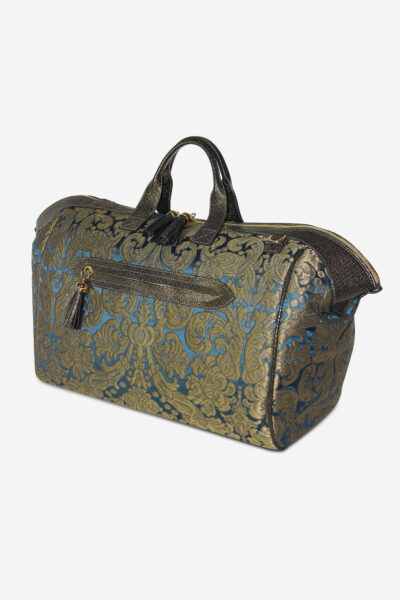Luxury Venetian Brocade Antique Style Damask Silk and Leather Duffel Bag in Blue - Italian Craftsmanship