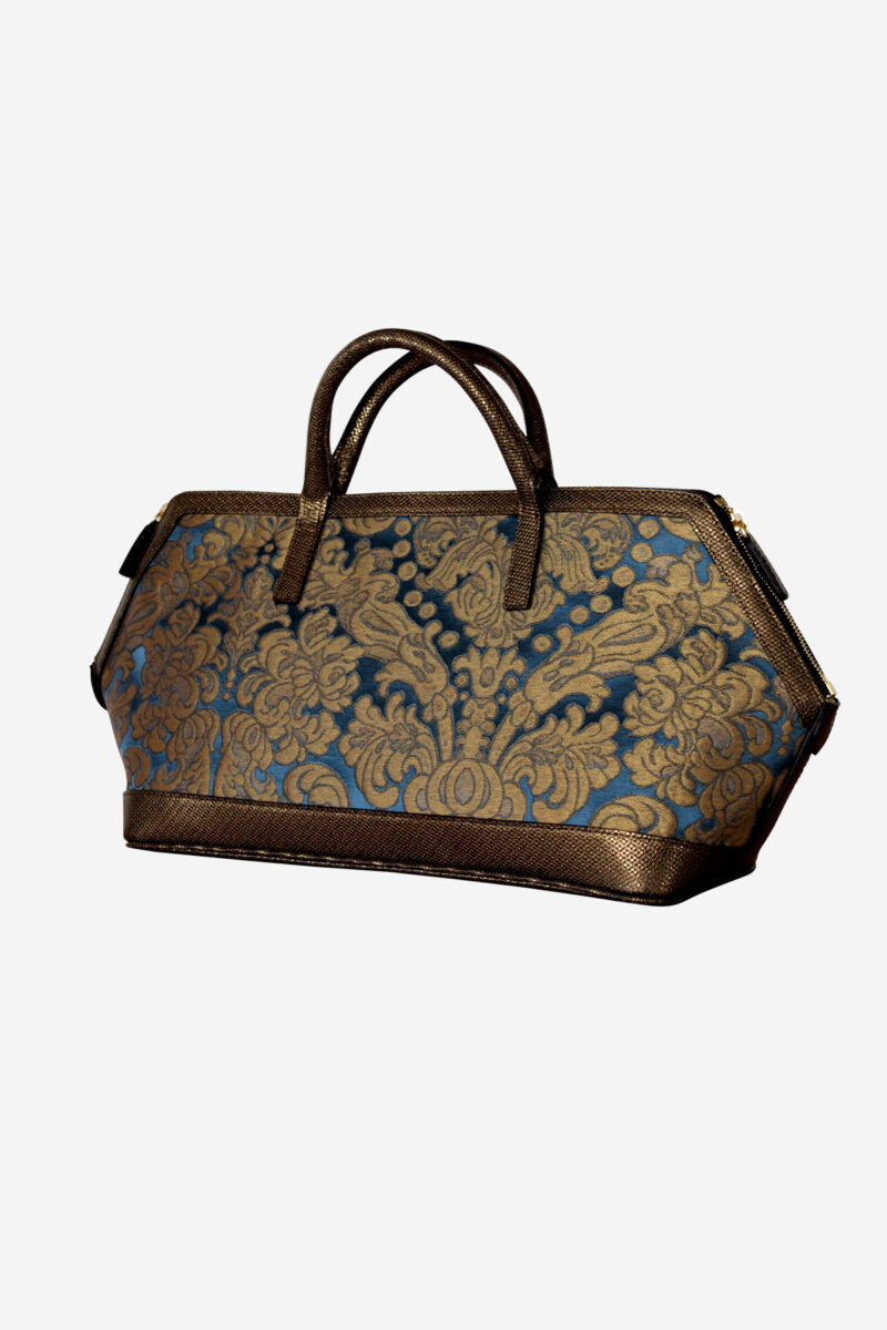 "Luxury Venetian Brocade Antique Style Damask Silk and Leather Duffel Bag - Italian Craftsmanship
