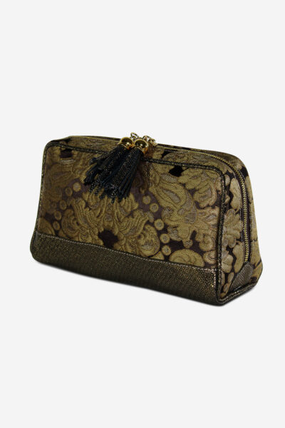 Luxury Venetian Brocade Antique Style Damask Silk and Leather Pochette Beauty Bag - Italian Craftsmanship