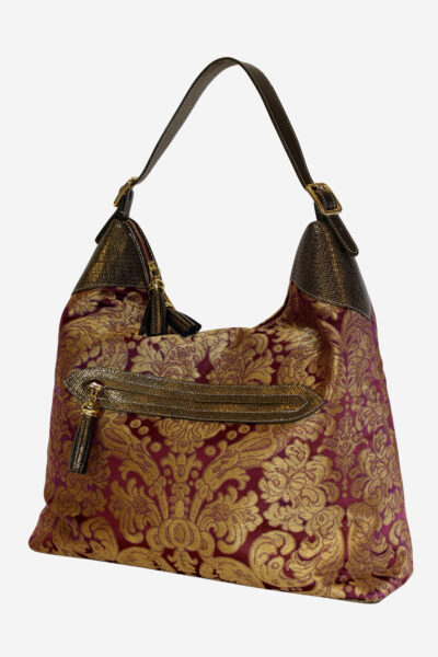 Luxury Venetian Brocade Antique Style Damask Silk and Leather Handbag - Italian Craftsmanship