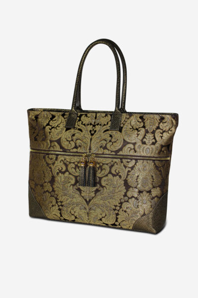 Luxury Venetian Brocade Antique Style Damask Silk and Leather Shopper - Italian Craftsmanship